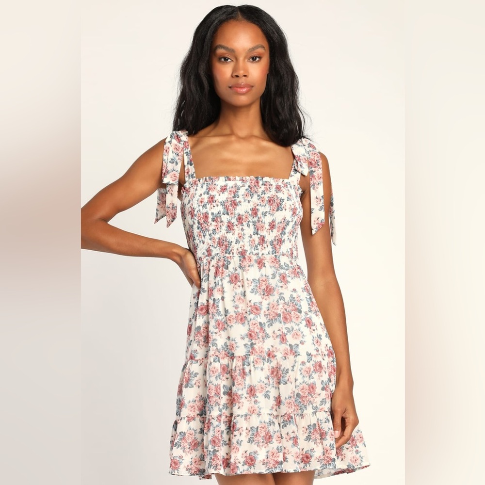 White Floral Print Ruffled Tie Strap Mini Dress - Woman - Small